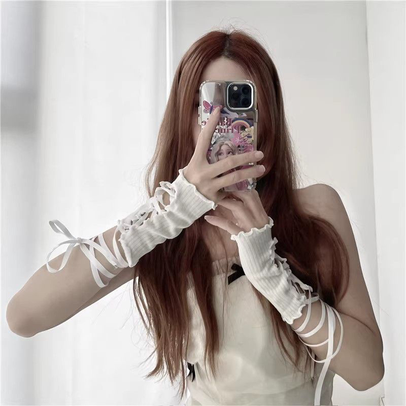 Fingerless Glove Knit - Vrouwen Vingerloze armmouwen met veters, elastische